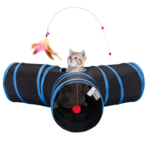 Cat Tunnel, 3-Way Collapsible Toy for Indoor Cats, Royal Blue (Black & Royal Blue / Small)