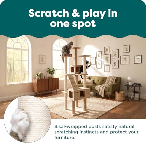 69.3" Tall Cat Scratching Post Tower for Indoor Cats (Cat Tower / Double Decker Playground (Cream))