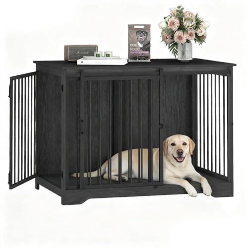43.3" XL Dog Crate Furniture Indoor Dog Kennel with Barn Door (Black / 43.3"L x 27.5"W x 31.8"H)
