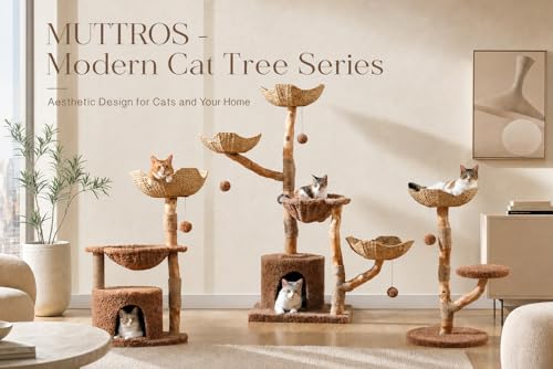 Modern Wood Cat Tree with Wicker Basket Bed & 2 Balls (Brown / 37.5" Solid Wood Cat Tree)