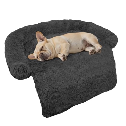 Calming Dog Bed Fluffy Plush Dog Mat for Furniture Protector with Removable Washable Cover for Large Medium Small Dogs and Cats (Dark Grey / 35.0"L x 31.0"W x 5.0"Th)