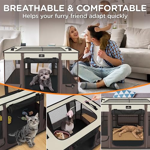 Foldable Pet Kitten Playpen (Brown 03 / Large(35.4''×27.5''×23.6''))