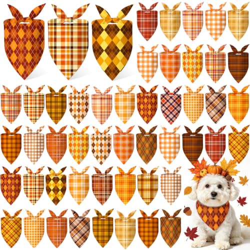 50 Pcs Fall Plaid Dog Bandanas Bulk Autumn Gingham Check Pattern (19.7 x 13.8 x 13.8 Inch / Fall Plaid)