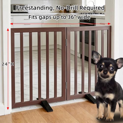 Freestanding Indoor Dog Gate for House Foldable Wood Puppy Gate for Doorways Pet Gate for Stairs Extra Wide Pet Fence (Brown / 【2 Panels】40''w x 24''h)
