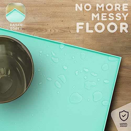 Dog Food Mat 28x18 Raised Edges Dogs Mat for Food and Water Prevent Spill (28" x 18" / Cyan)