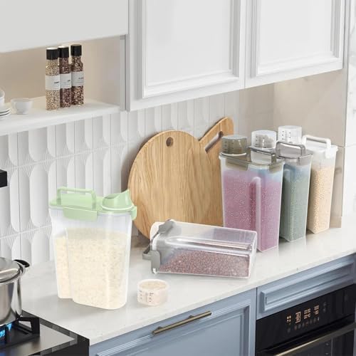 5 7Lbs Portable Cat Dog Food Storage Container with Upgraded Large Spout and Cup Dispenser for Small Large Animal Kibble (Purple+Gray+Green / 5L-3pack)