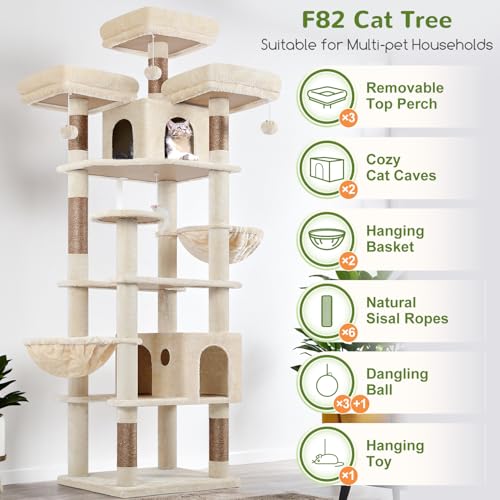 Cat Tree Tower for Multiple Adult Cats (82 inch / Beige)