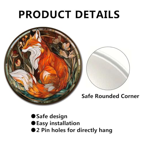 Metal Sign Tin Sign Circular Stained Glass Red Fox Bar Signs for Home Bar for Garage 12×12 Inches (12×12 Inches / Red Fox-1)