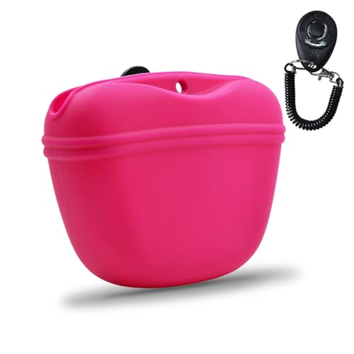 Silicone Dog Treat Pouch with Clicker Magnetic Closure Secure Clip (1 Pack / Hot Pink)