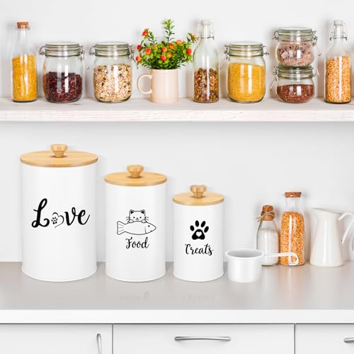 Metal Airtight Cat Treat Container Set of 3 with Bamboo Lids and Spoon Cat Food Storage Container with DIY Labels Pen Pet Cookie Snack Food Storage Organizer Jars for Kitchen Counter (White)