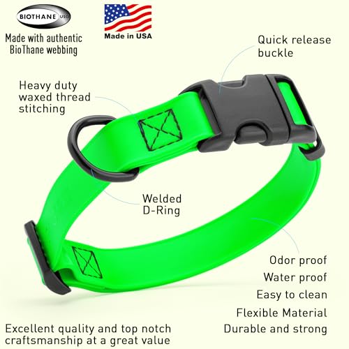 Biothane Waterproof Dog Collar with Quick Release Buckle Strong Coated Nylon Webbing with Odor (3/4"W by 12-19"L / Tropical Green)