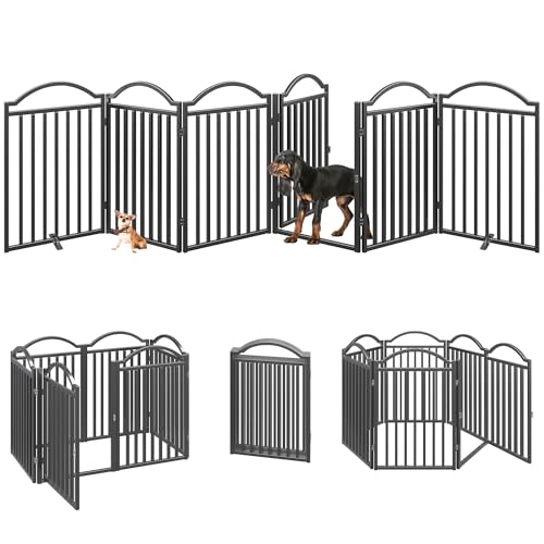 Metal No Assembly Freestanding Dog Gate with Door Walk Through (Black / 6 panels 144"W*32"H HFG)