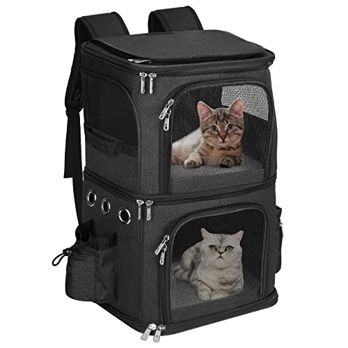 Double Cat Carrier Backpack for 2 Cats or Small Dogs (14.6"L x 11.2"W x 21.6"H / Black)
