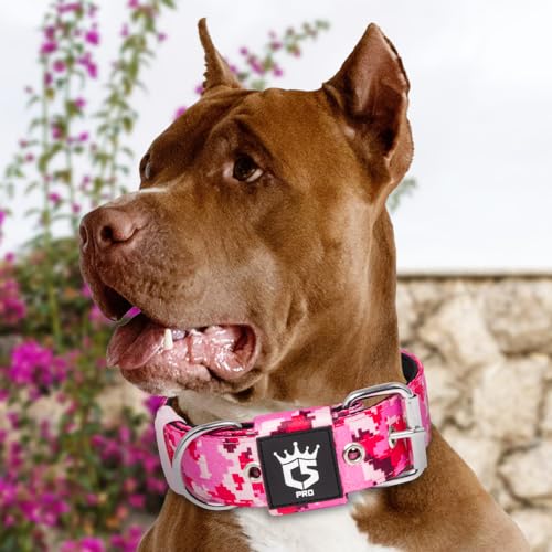 Heavy Duty Thick Dog Collar with Metal Buckle for Large Dogs (L – Fits Neck 18.9"-21.7" / Camo Pink)