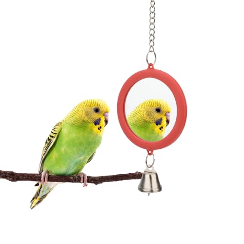 Bird Mirror Toy with Bell Interactive Parrot Hanging Mirror (RED)