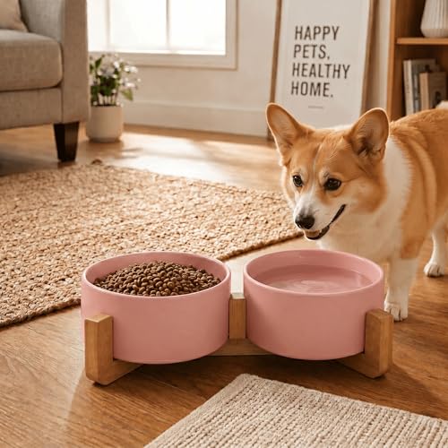 Ceramic Dog and Cat Bowl with Wood Stand Non (3.6 cups / Pink × 2)