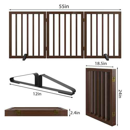 Wooden Dog Gate Freestanding Foldable 3 Panel Pet Gates Extra Wide Dog Gates for Indoor Doorways Stairs 24in Height Support Feet Included (Dark Brown / 3 Panel - 55 inches Wide)