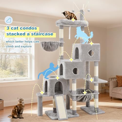 Cat Tree Tower with 3 Condos (74.8 inches / Light Gray)