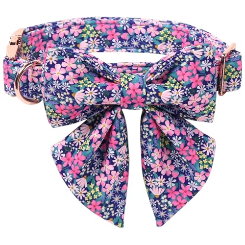 Floral Dog Collar with Sailor Bow (Blue Blossoms(Sailor Bow) / X-Large (Pack of 1))