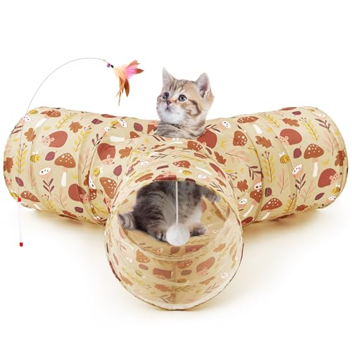 Cat Tunnel, 3-Way Collapsible Toy for Indoor Cats, Hedgehog (Khaki Hedgehog / Small)