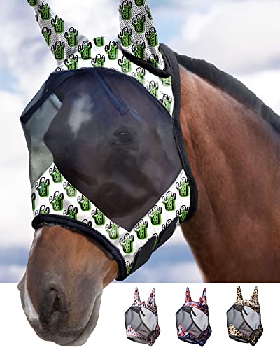 LumiVista Horse Fly Mask Standard with Ears UV Protection for Horse Green Cactus L Full Size (Green Cactus / Full (Large))