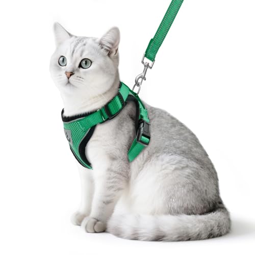 Cat Harness and Leash Set Escape Proof Reflective Cat Walking Harness Adjustable Soft Breathable Mesh Vest for Small Pets (L (NECK 14"-18", CHEST 18"-26.5") / Dark Green)