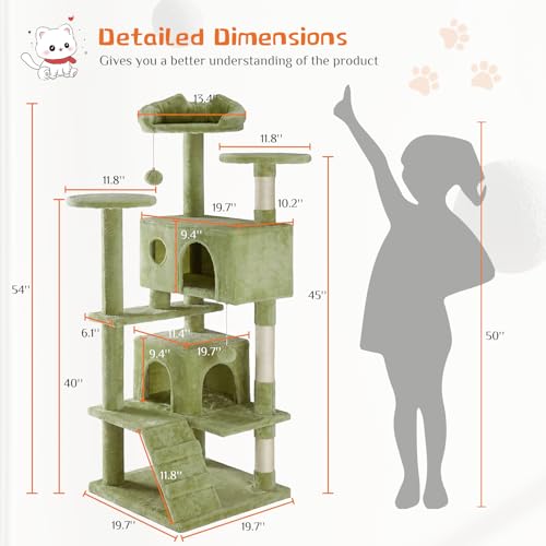54 Inch Cat Tree Tower with Natural Sisal Scratching Post (Green / 54IN)