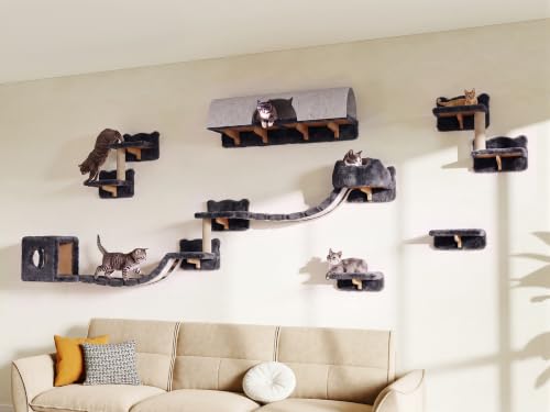 16-in-1 Cat Wall Shelves, Cat Furniture w/Tunnel & Bridge, Grey (Grey / 16-in-1)