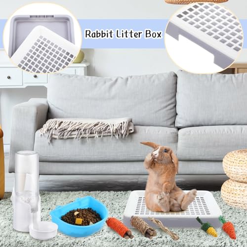 19 Pcs Rabbit Starter Kit Small Bunny Litter Box Animal Grooming Kit Water Bottle Bunny Toys Hay Feeder Bowl Blankets with Cleaning Set for Guinea Pig Rabbit Accessories (White / Cloud)