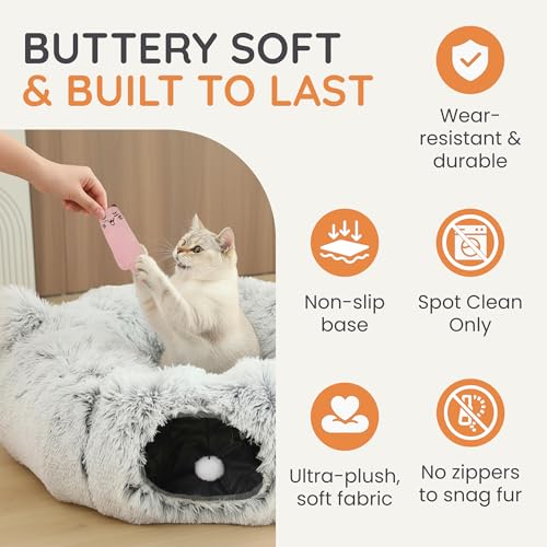 3-in-1 Cat Tunnel Bed – Cat Tunnels & Cat Beds for Indoor Cats with Catnip Toys – Cat Bed Cave & Peekaboo Cat Hideaway – Foldable Interactive Cat, Kitty & Kitten Toys