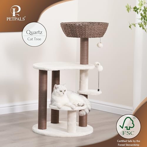 Handwoven Cat Tree with Basket Bed & Replaceable Scratching Posts (Cream and Brown)