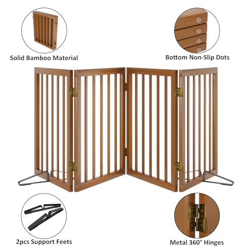 Freestanding Pet Gate Foldable 4 Panel Dog Gate Walnut Dog Gates for Stair Doorways House Indoor (Walnut / 4 Panel - 74 inches Wide)