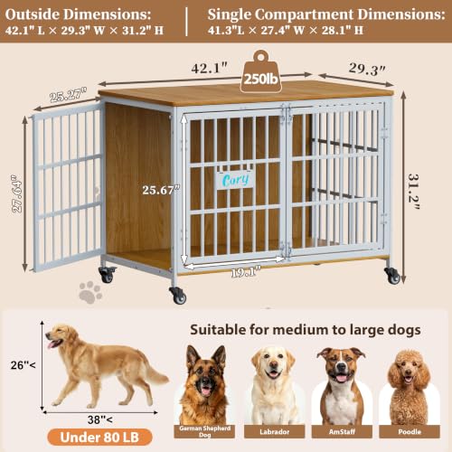 42 in Heavy Duty Dog Crate Furniture on Lockable Wheels (White & Beech / 42.1"L x 29.3"W x 31.2"H)