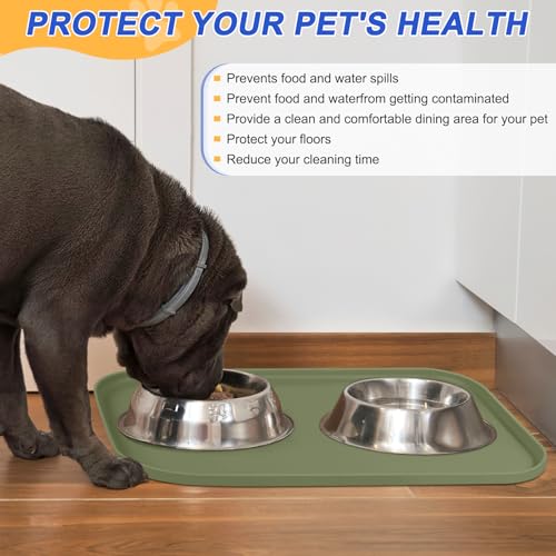 Waterproof Silicone Pet Food Mat with Raised Edge for Dog & Cat (Light Olive Green / 22"L x 14"W)