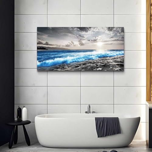 Wall Decor For Living Room Framed Canvas Wall Art For Office Bedroom Decorations Blue Ocean Wall Painting Black and White Beach Pictures Artwork Modern Mural Home Walls Decor (40"L x 20"W / Blue Sea Wave Pictures)