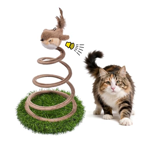 Chirping Bird Cat Toy with Stable Grass Base (Green & Brown-Round)