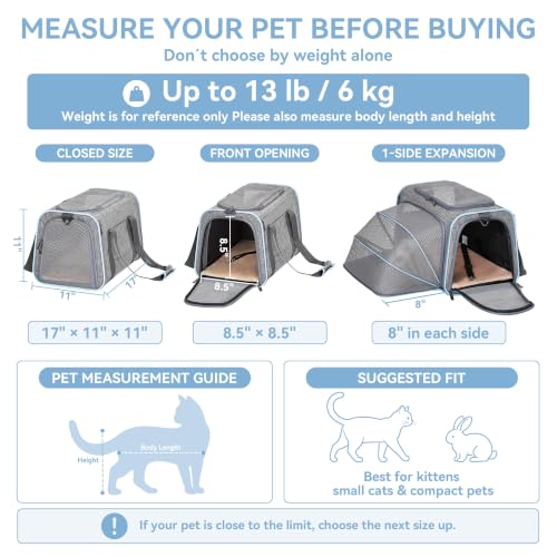 Medium Expandable Cat Carrier for Air Travel (17.0"L x 11.0"W x 11.0"H / Light Gray)