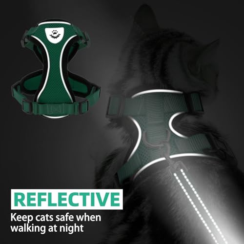Cat Harness and Leash Set Escape Proof Reflective Cat Walking Harness Adjustable Soft Breathable Mesh Vest for Small Pets (S (NECK 9.5"-11", CHEST 13"-16") / Dark Green)