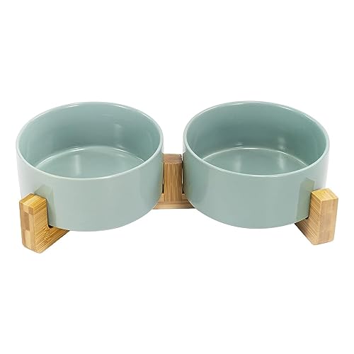 Ceramic Dog and Cat Bowl Set with Wooden Stand (3.6 cups / Morandi Green × 2)