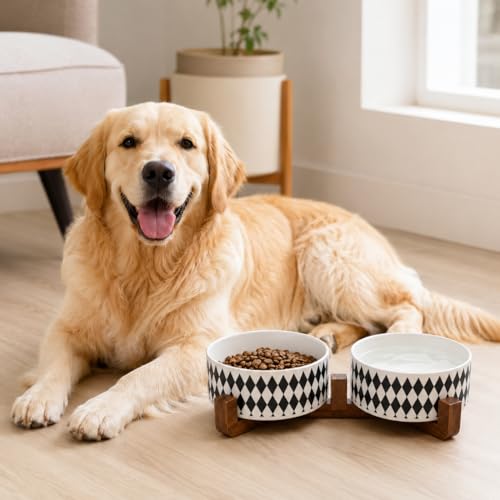 Ceramic Dog Cat Bowl Set with Stand (Black Rhombus / 850ML*2)