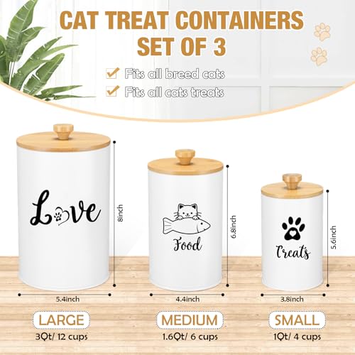 Metal Airtight Cat Treat Container Set of 3 with Bamboo Lids and Spoon Cat Food Storage Container with DIY Labels Pen Pet Cookie Snack Food Storage Organizer Jars for Kitchen Counter (White)