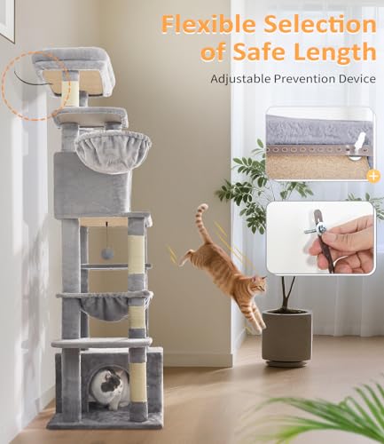 68" Multi Level Large Cat Tree Tower for Indoor Cats (Light Grey)
