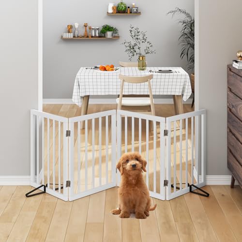 Wooden Dog Gate Freestanding Foldable Pet Gate 4 Panel Fully Assembled Dog Gates for Doorways House Stairs (White / 4 Panel - 74 inches Wide)