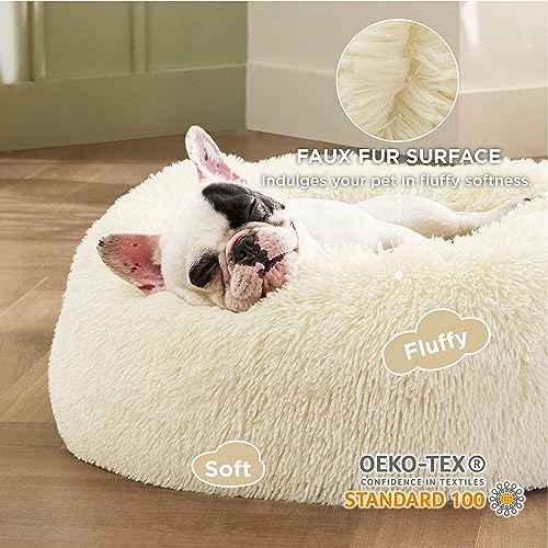 Calming Small Medium Dog Bed Donut Washable Puppy Bed (27"L x 27"W x 8"Th / Ivory Beige)