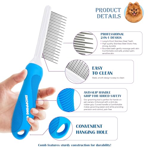 Detangling Pet Grooming Comb for Dogs & Cats with Long & Short Stainless Steel Metal Teeth for Removing Tangles and Knots