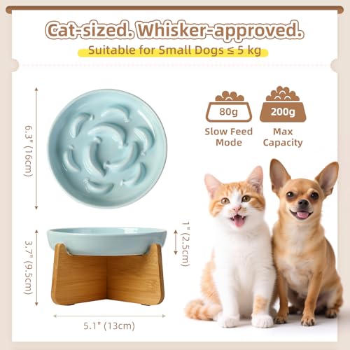 Elevated Ceramic Slow Feeder Cat Bowl (Blue Elevated (Bamboo) / 3.7"H Elevated (Bamboo))