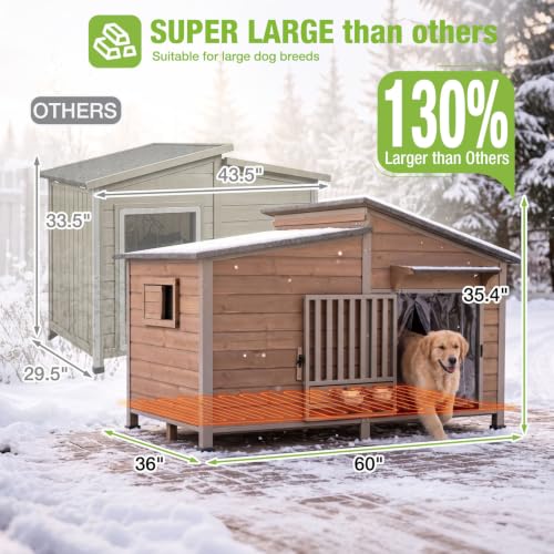 Heated Dog House Outdoor with Heated Pad 60" Extra Large Dog Kennel with Chew