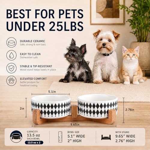 Ceramic Dog Cat Bowl Set with Stand (Black Rhombus / 400ML*2)
