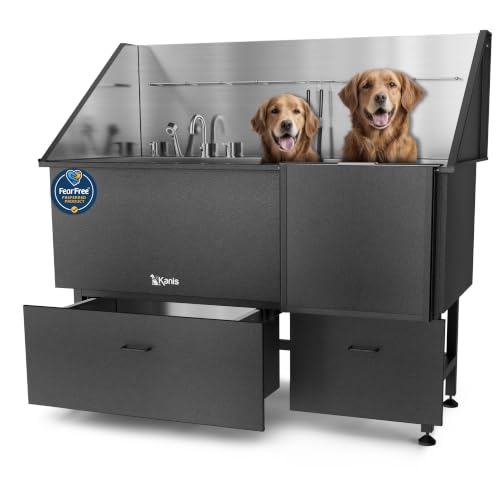 Professional Dog Washing Station 304 Stainless Steel Pet Wash Sink (Black, Right Ramp, 2 Drawer / 61 Inches)