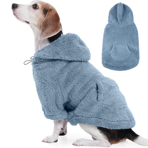 Fuzzy Dog Sweater with Adjustable Hood & Harness Hole (Large / Blue)